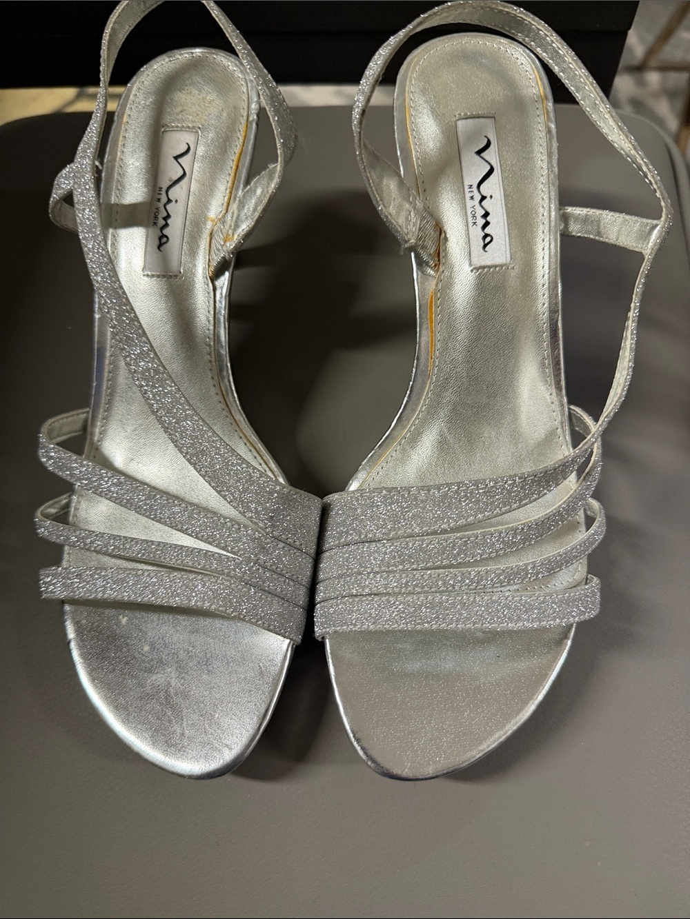 ANNA New York Silver Glitter Strappy Slingback Heels